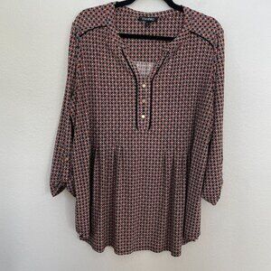 Roz & Ali Womens Plus 2X Geometric Blouse Roll Tab Sleeve Pleated Swing Shirt